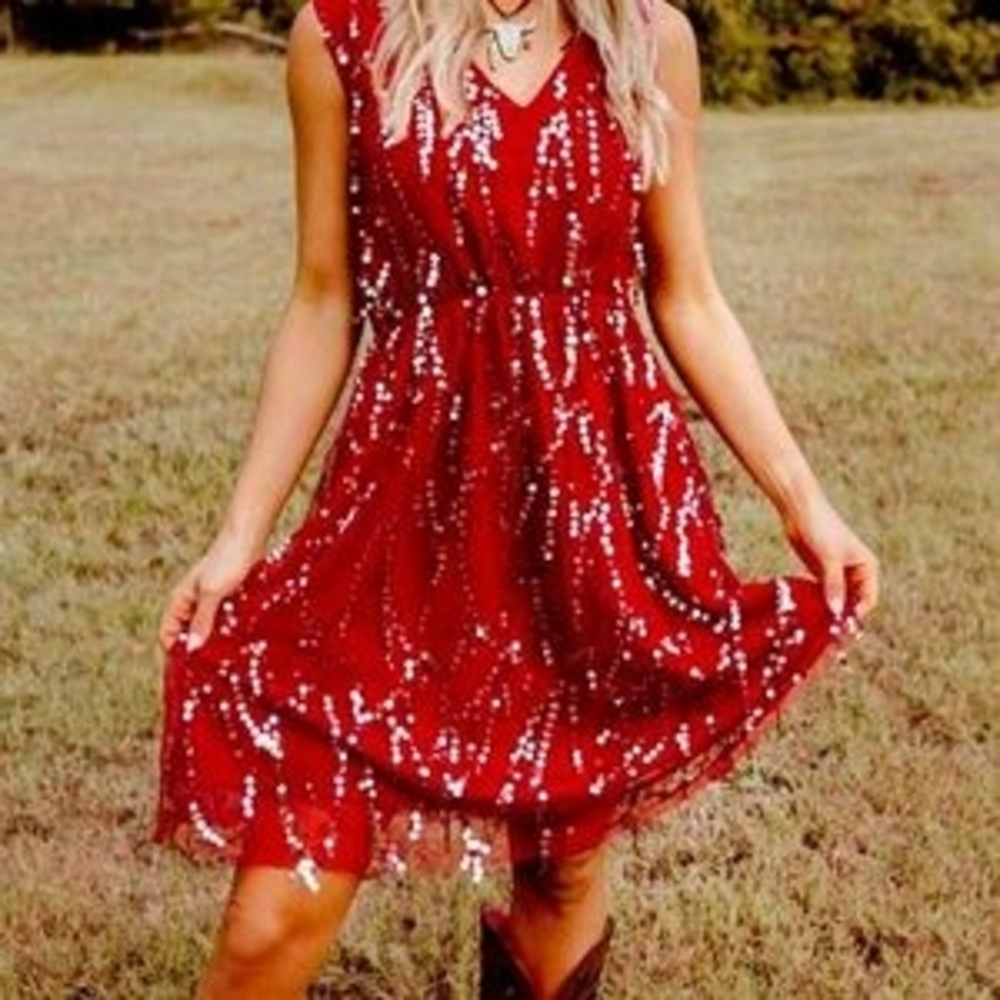 Southern Fried Chics Red & Gold Sequin Party Dress- Shabby Chic Whimsygoth